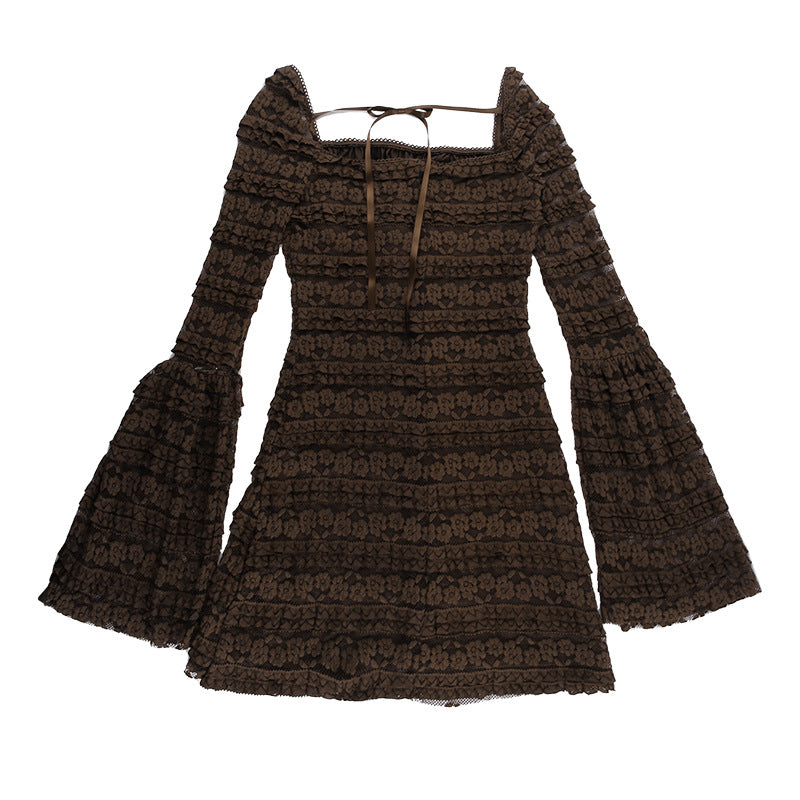 Brown Long Sleeve Ruffle Flared Mini Dress – Elegant Layered Square Neck Cocktail Dress