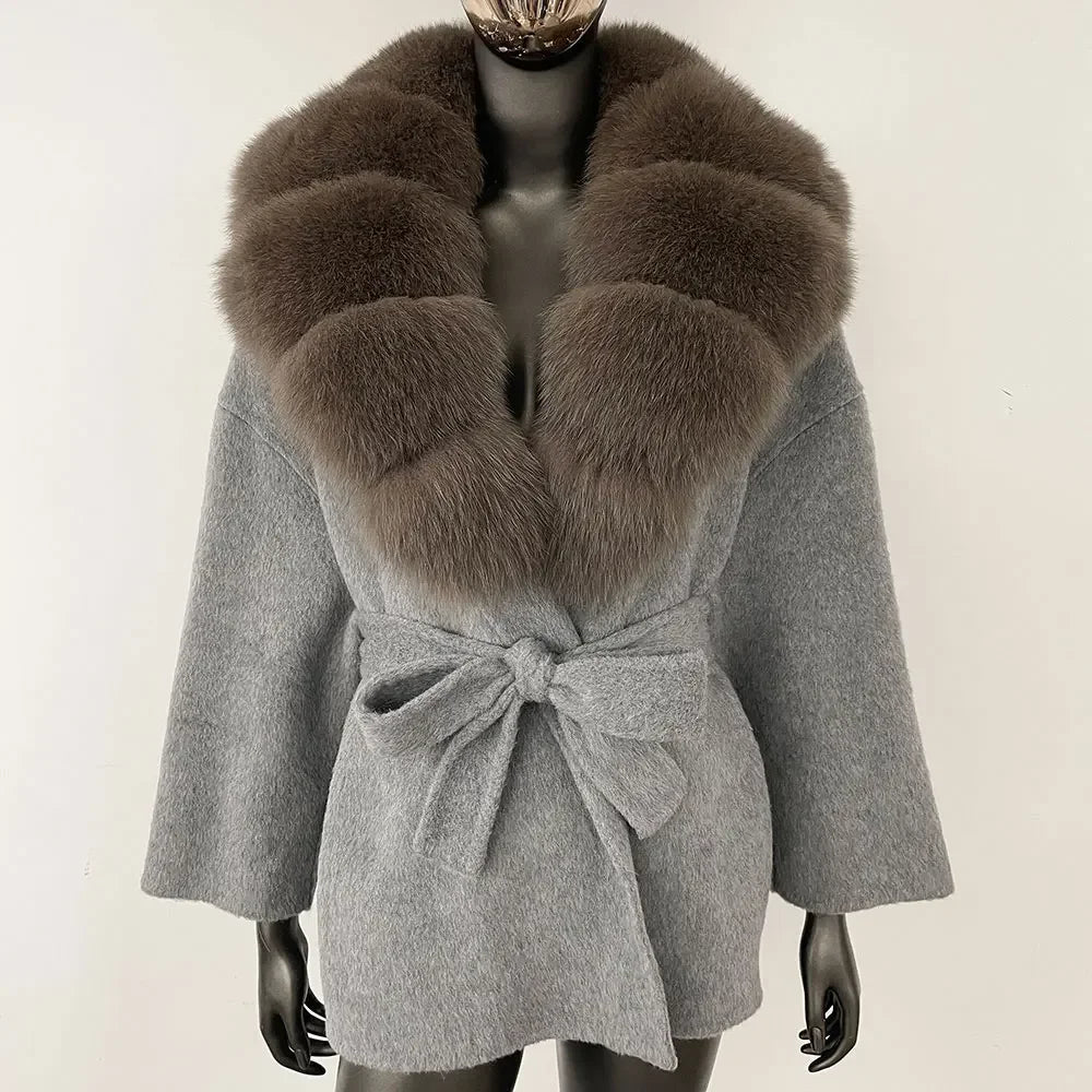 Wool Blend Coat with Fox Fur Collar – Women’s Luxury Winter Coat
