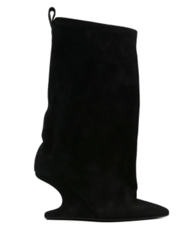 Sculptural Wedge Pointed-Toe Mid-Calf Boots