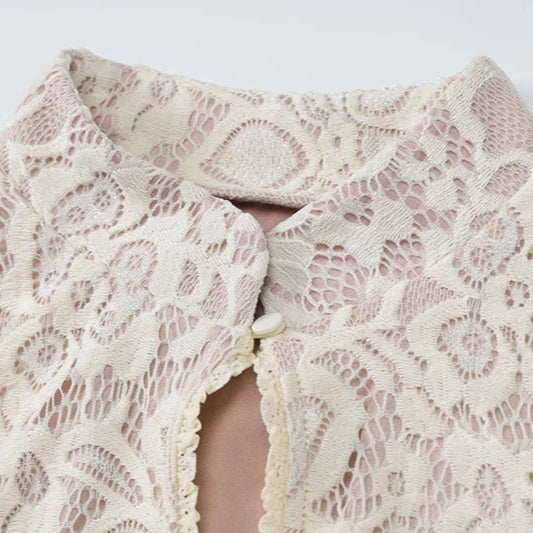 Close-up of a beige lace garment on a light background