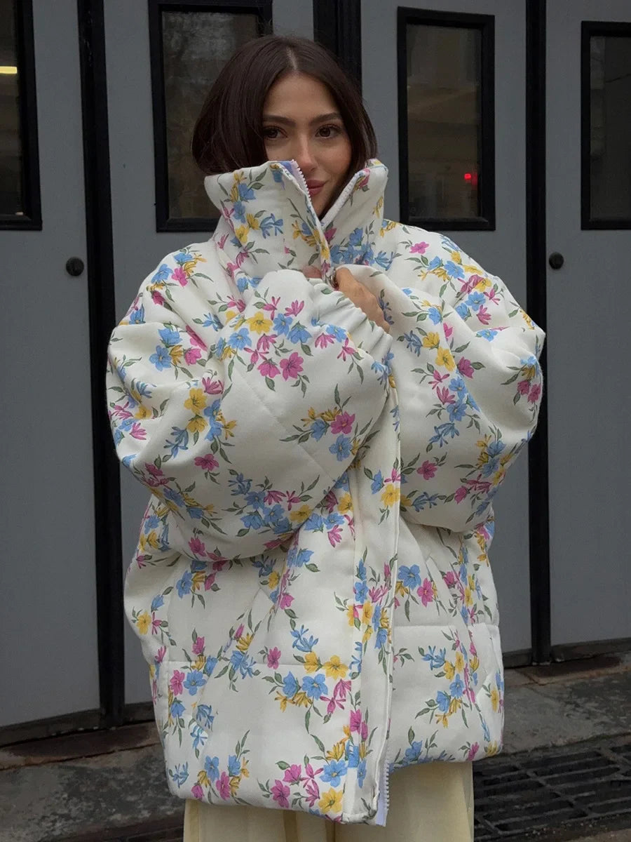 Floral Puffer Jacket with Hood – Women’s Quilted Winter Jacket