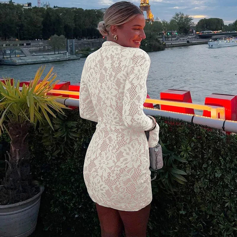 Lace Hollow Out Long Sleeve Mini Dress – Elegant Sheer Bodycon Clubwear