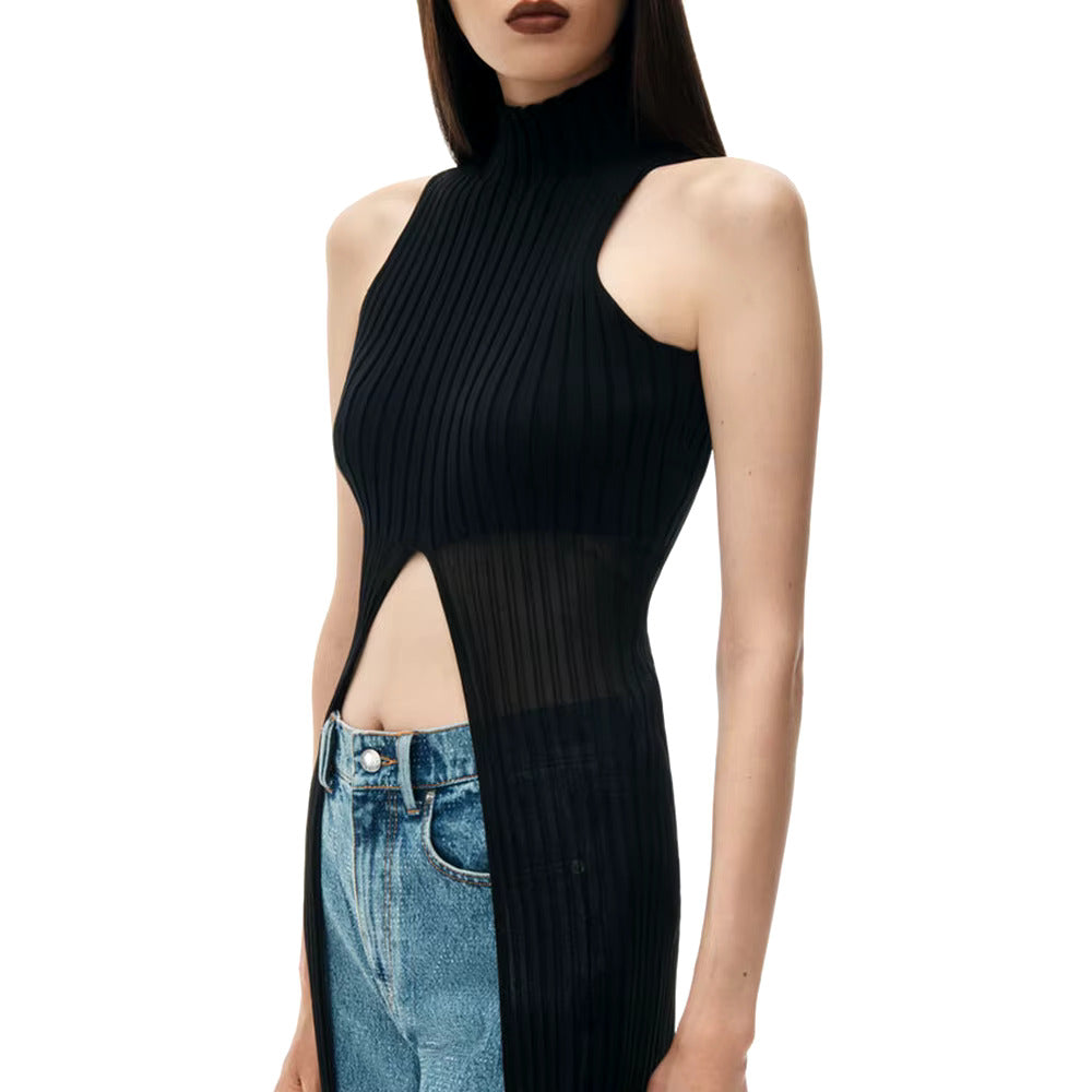 SLEEVELESS RIBBER HIGH NECK TOP with FRONT SLIT TRAILING