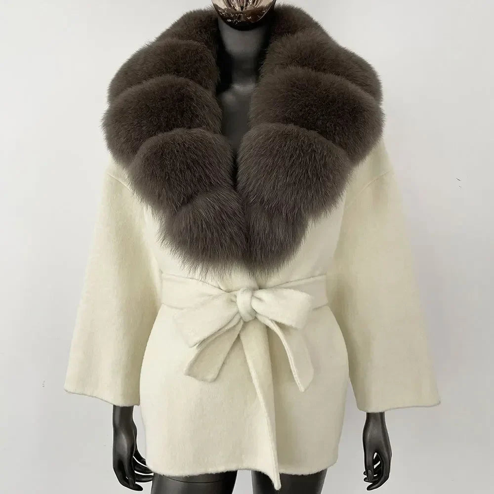 Wool Blend Coat with Fox Fur Collar – Women’s Luxury Winter Coat