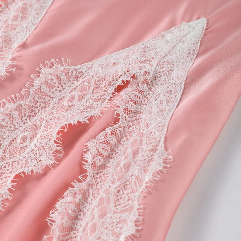 Elegant Pink Satin Lace Dress with High Slits – Summer Evening Gown