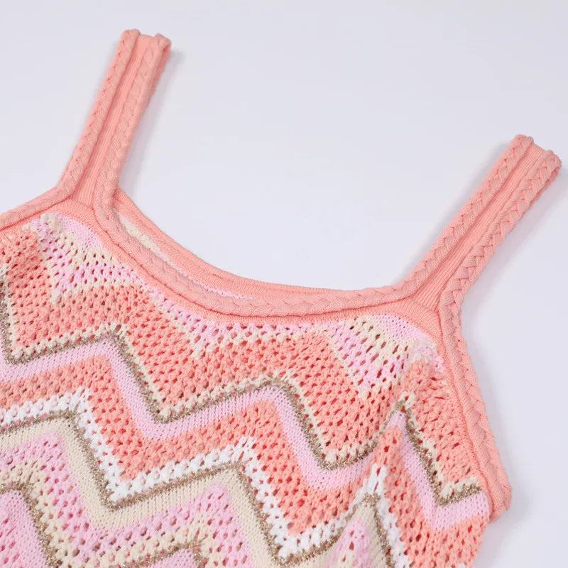 Pink Zigzag Knit Co-Ord Set – Sleeveless Top, Cardigan & Wide-Leg Pants