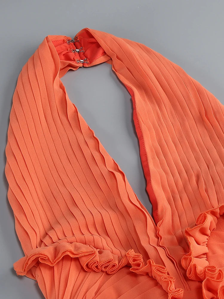 Coral Halter Maxi Dress – Backless V Neck Ruffle Evening Gown