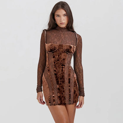 LACE MESH LONG SLEEVE MINI DRESS