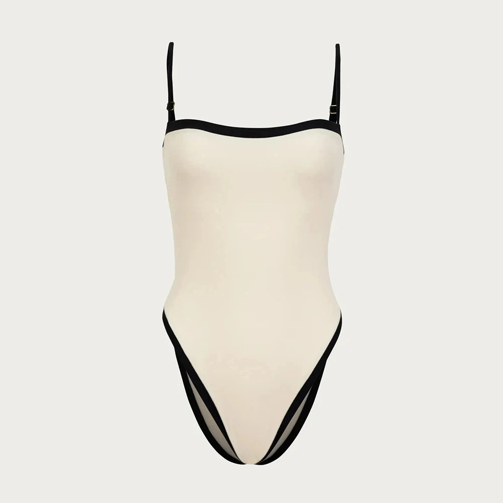 black and white one-piece swimsuit, brazilian cut swimwear, minimalist swimsuit for women, summer beachwear, luxury swim fashion