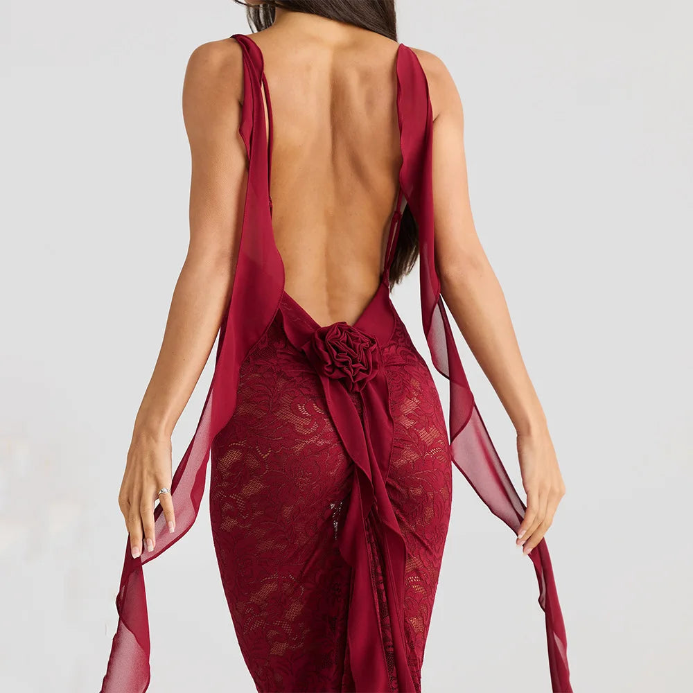 LACE BACKLESS TRAILING MAXI DRESS