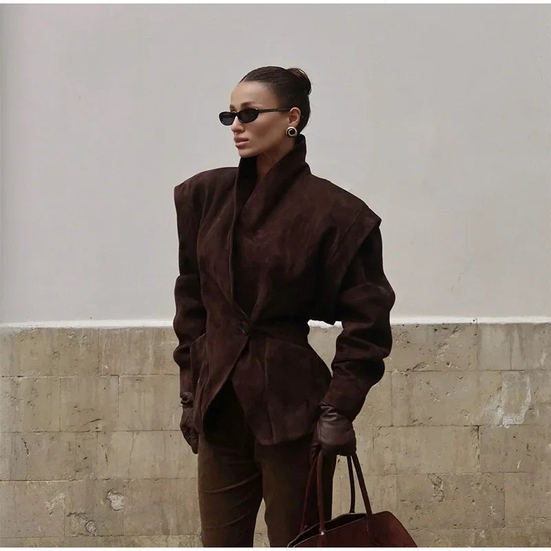 Brown suede blazer for women with lapel collar