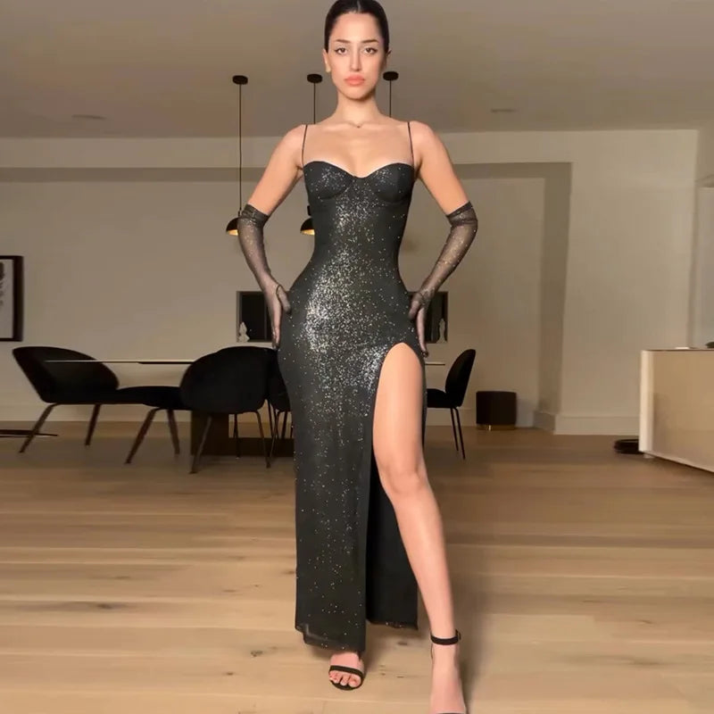 GLITTER MAXI DRESS with SIDE SLIT and GLOVES