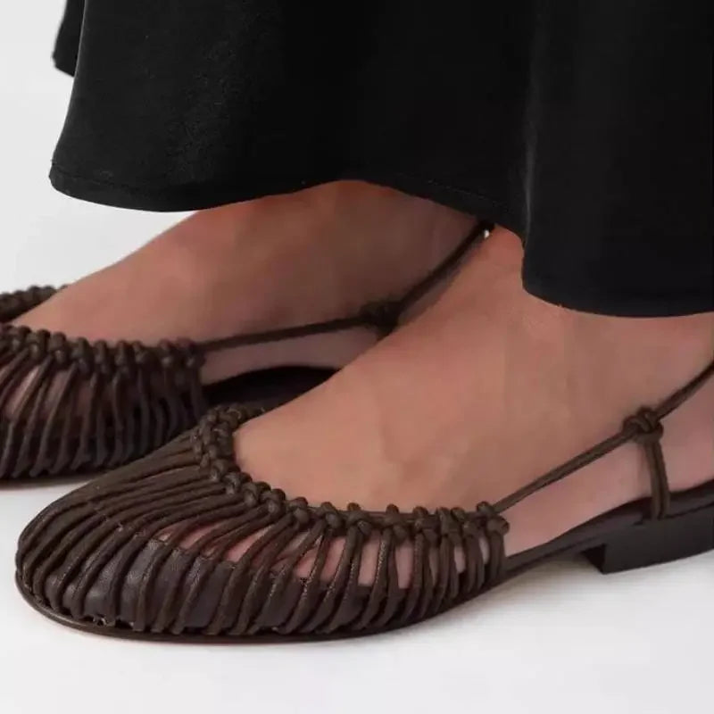 Apricot flat woven summer sandals with hollow-out design and round toe