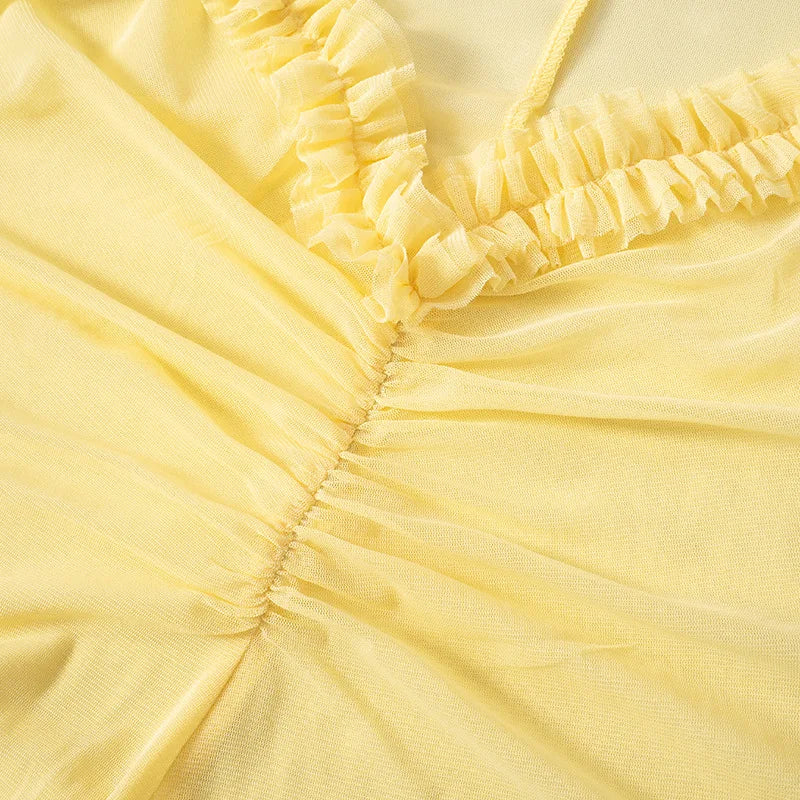 CUT OUT MESH MAXI DRESS RUFFLES SLEEVES