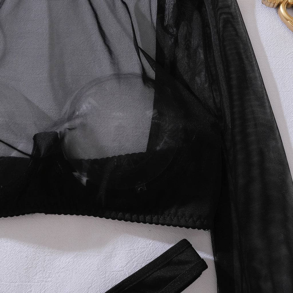 Seductive Sexy Lingerie See Through Long Sleeve Top Brief 2PC Set with Stockings Intimate Ultra Hot Party Night Outfit