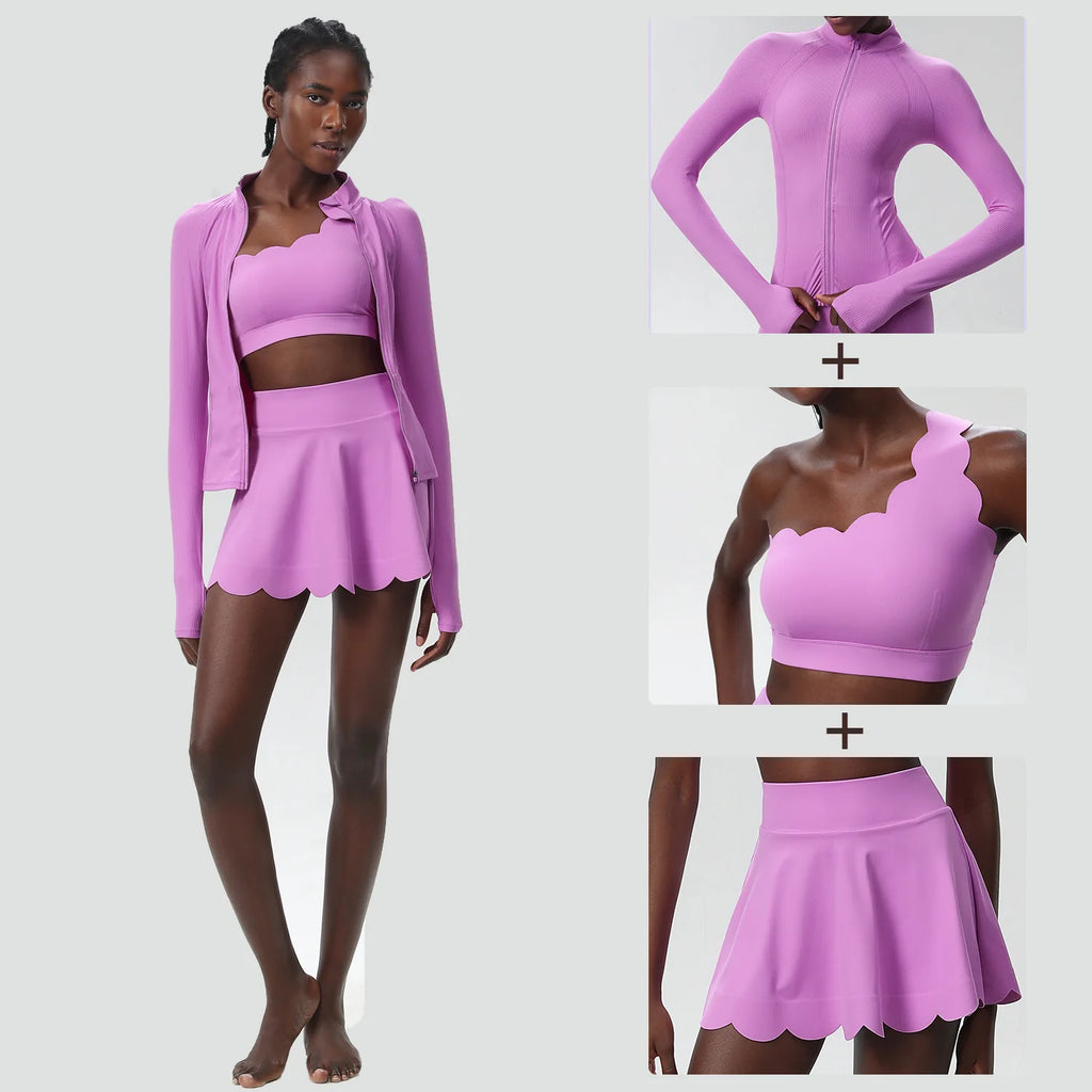 3 Piece Women’s Fitness Yoga Set – Quick Dry Gym Outfit with Sports Bra, Skirt & Cover Top