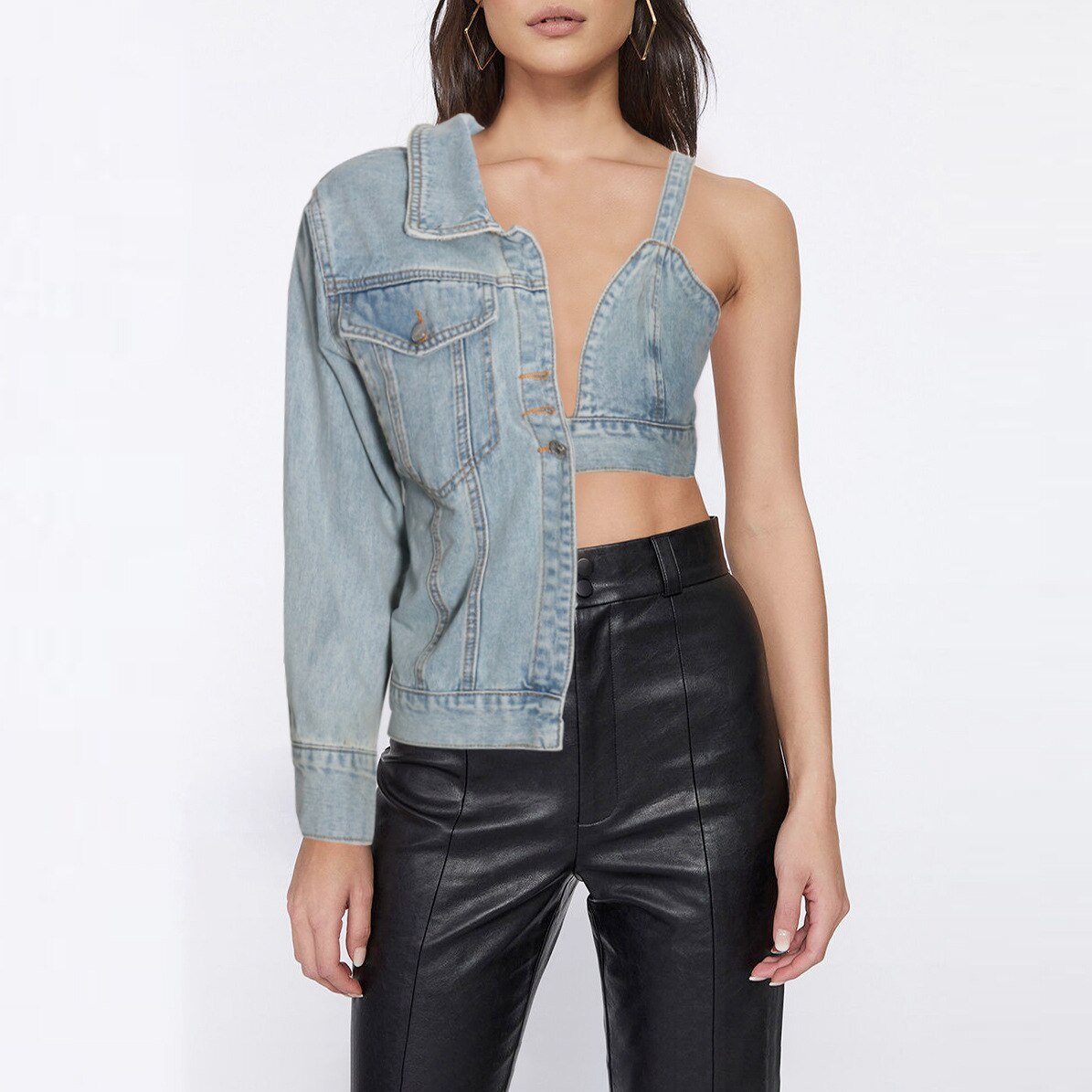 BRIDGET ASYMMETRICAL ONE SLEEVE DENIM JACKET