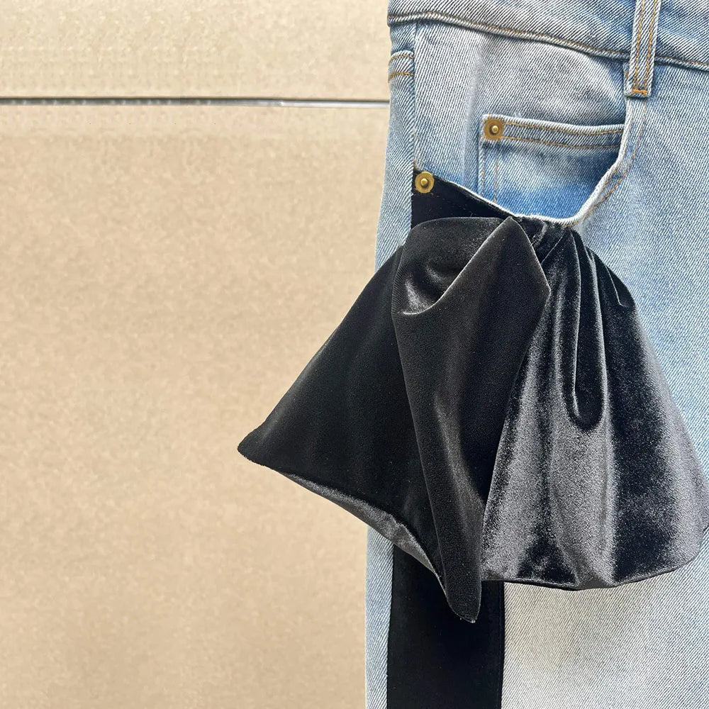 VELVET WEBBING SPLICING BOW PANTS