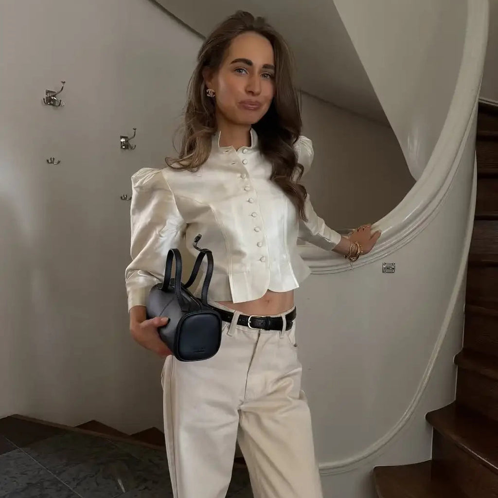 Elegant Puff Sleeve Button Jacket for Women – High Street Cropped Blazer Top in White, Black & Brown | Luxury Party & Chic Officewear