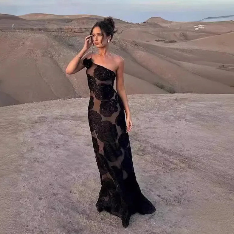 ONE SHOULDER BLACK ROSES MAXI DRESS