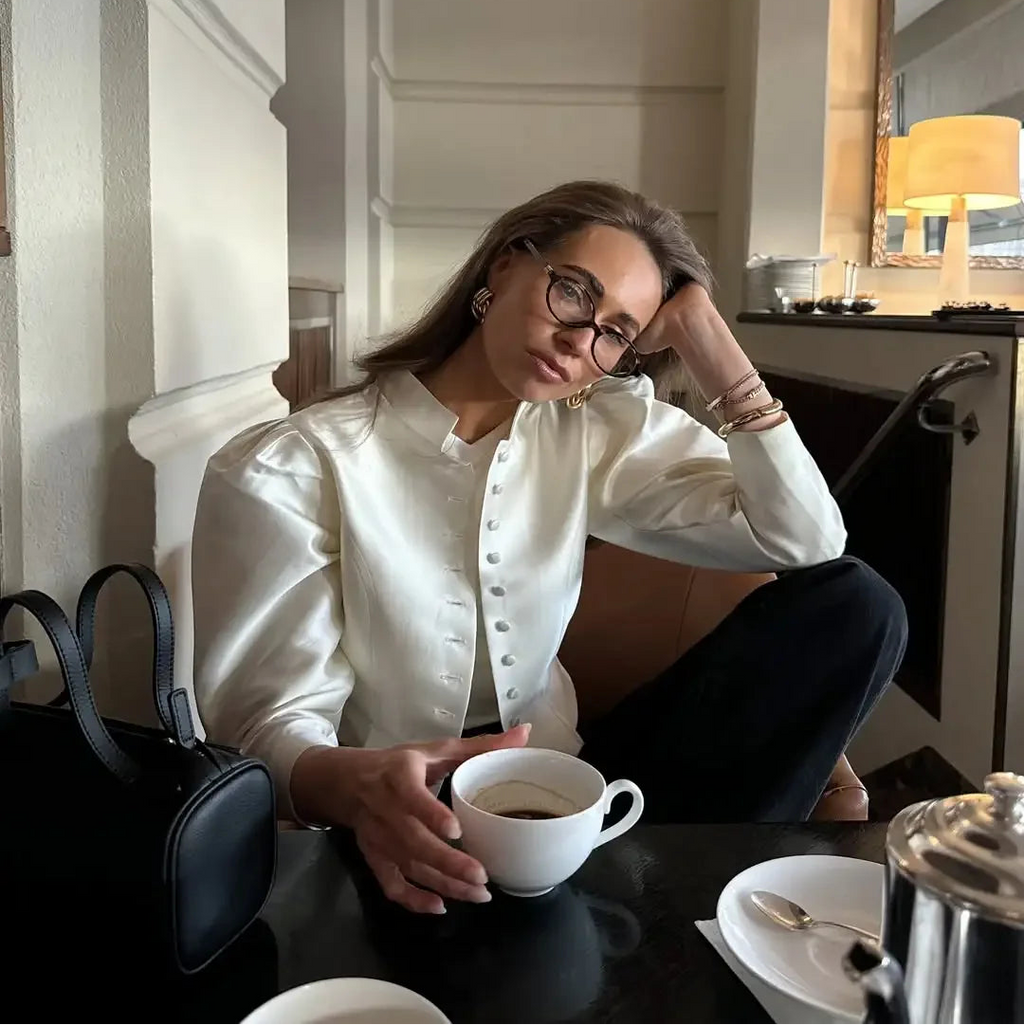 Elegant Puff Sleeve Button Jacket for Women – High Street Cropped Blazer Top in White, Black & Brown | Luxury Party & Chic Officewear