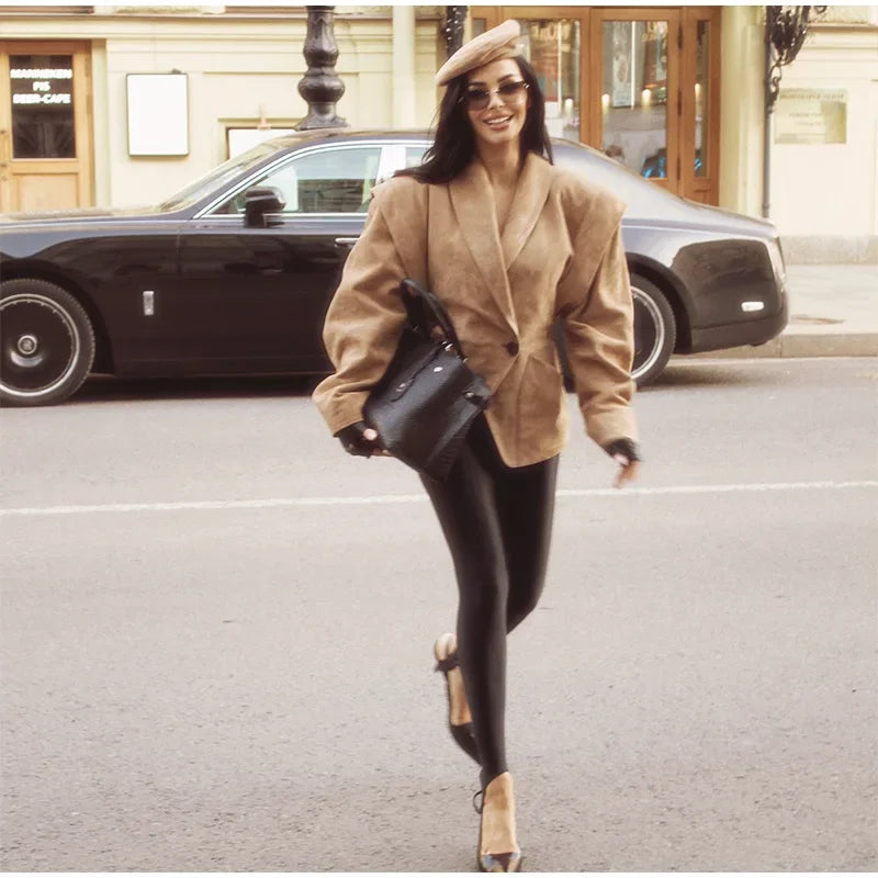 Autumn Suede Blazer for Women – Elegant One Button Lapel Jacket with Shoulder Pads | Khaki & Brown Streetwear