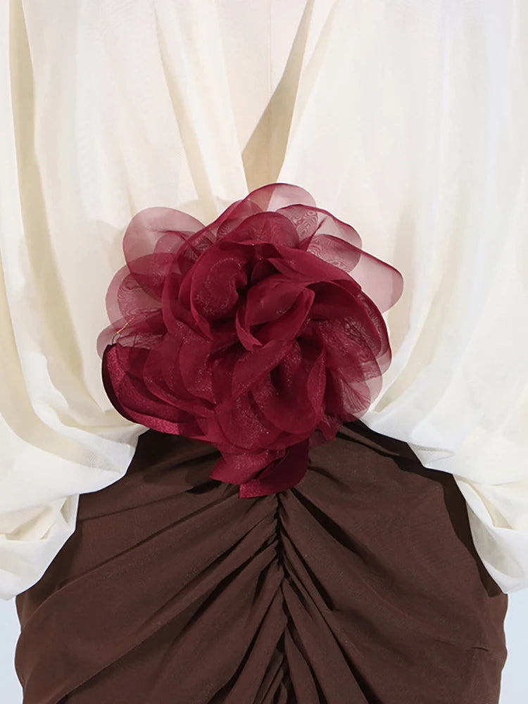 Elegant Two-Tone V-Neck Long Sleeve Midi Dress with Pleated Skirt and 3D Flower