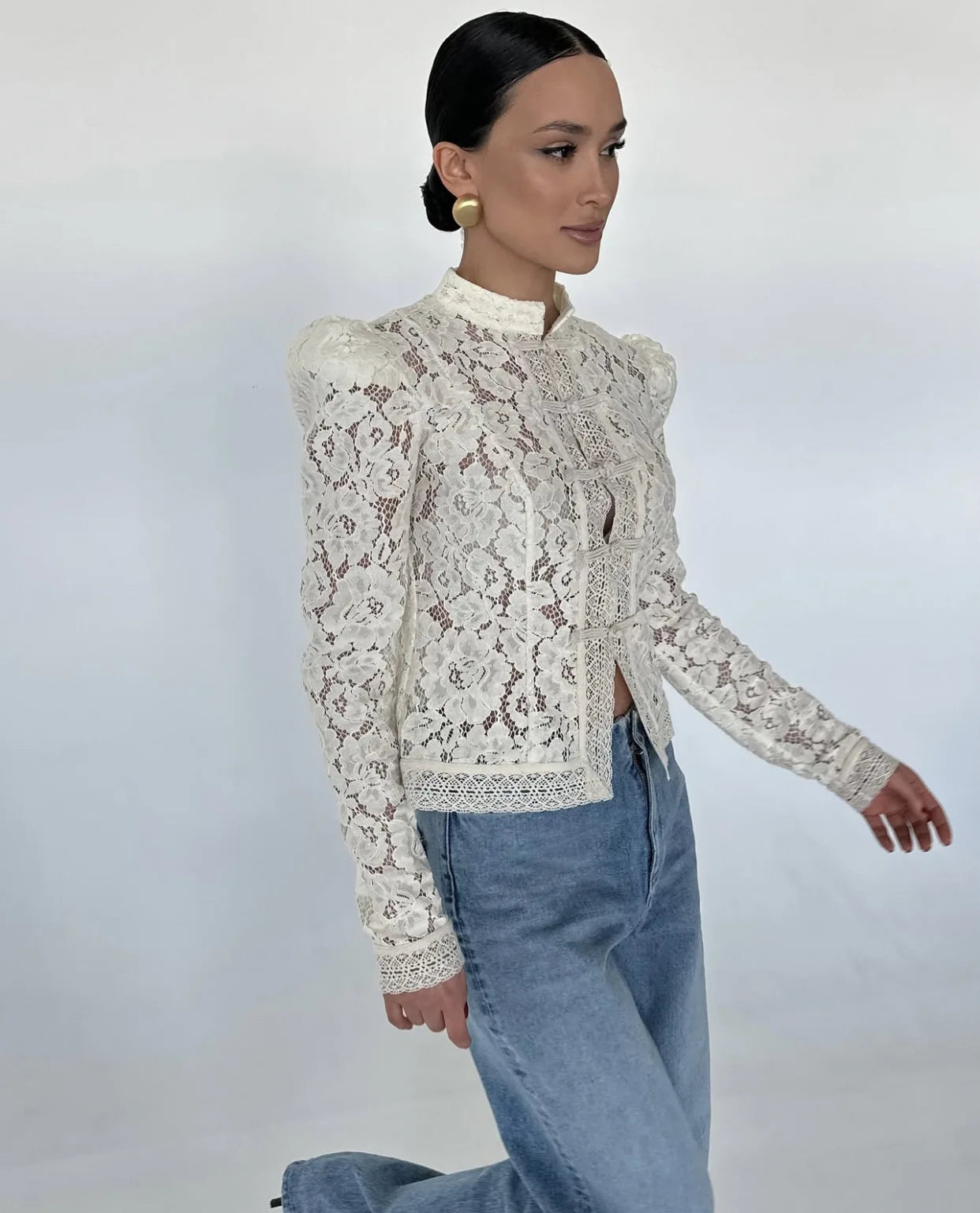 Vintage Sheer Lace Blouse for Women | Long Sleeve See-Through Top with High Neck