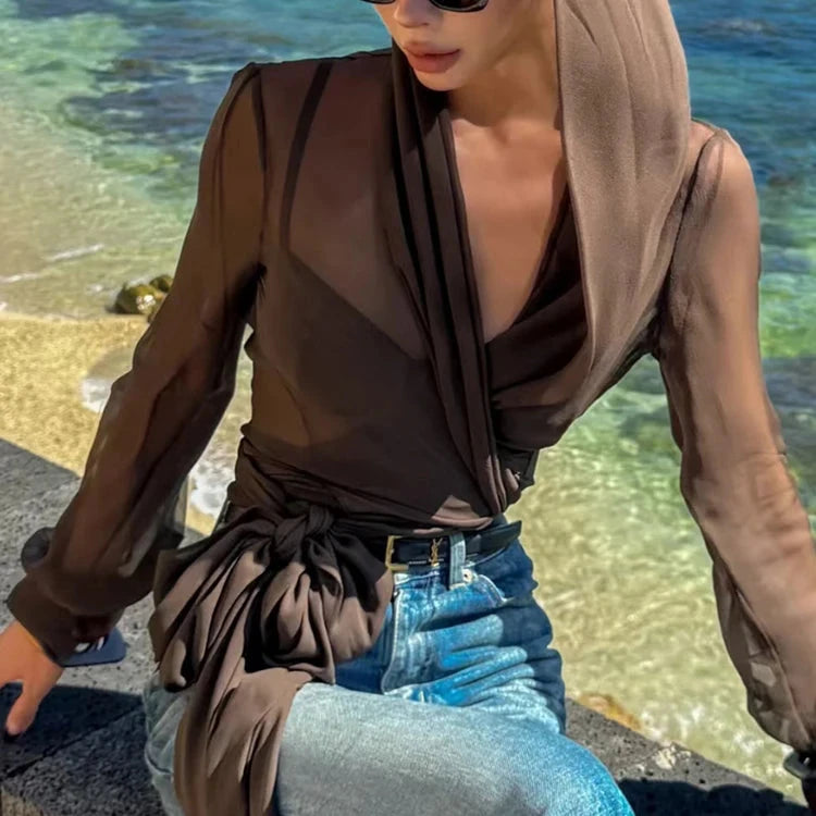 HOODED LONG SLEEVE MESH BLOUSE