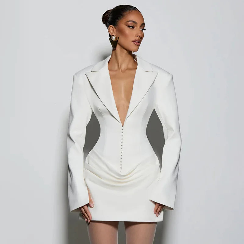 Deep V-Neck Long Sleeve Ruched Mini Dress – High-Waist Structured Blazer Dress | CTRL NUIT