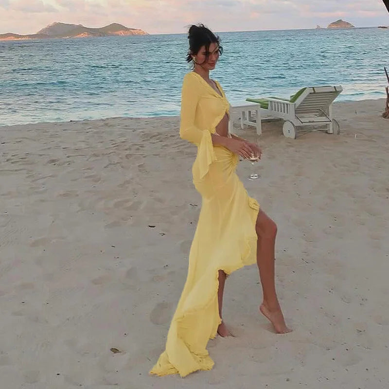 CUT OUT MESH MAXI DRESS RUFFLES SLEEVES