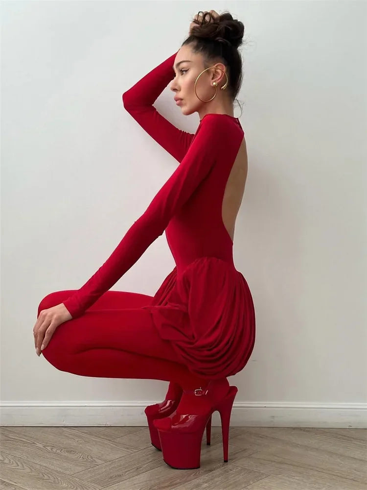 Elegant Backless Long Sleeve Pleated Dress – High Waist Bodycon Evening Gown