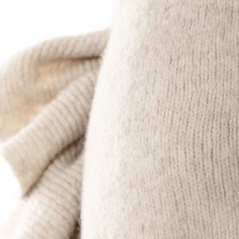 Apricot Three-Piece Set – Long Coat, High Neck Sweater & Ruffled Mini Skirt for Elegant Fall Style