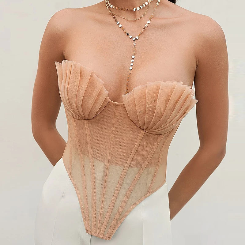 Strapless Mesh Backless Corset Top for Women | Lace-Up Sheer Bustier in Beige