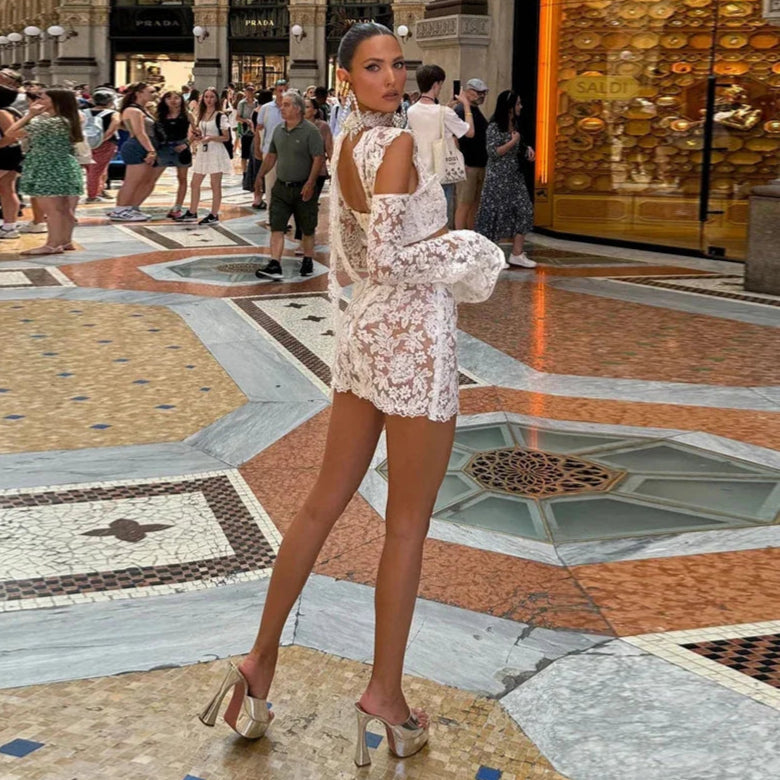 Elegant lace skirt set with ribbon tie details and side leg slit, perfect for evening wear