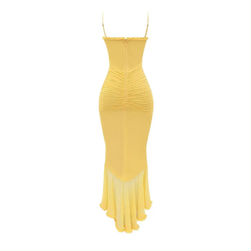 RUFFLES HEM PLEATED SLING MAXI YELLOW DRESS