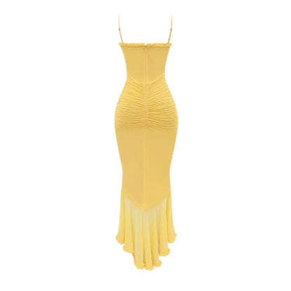 RUFFLES HEM PLEATED SLING MAXI YELLOW DRESS