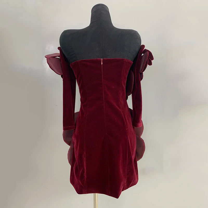 PATCHWORK FLOWER VELVET MINI DRESS with SLEEVES