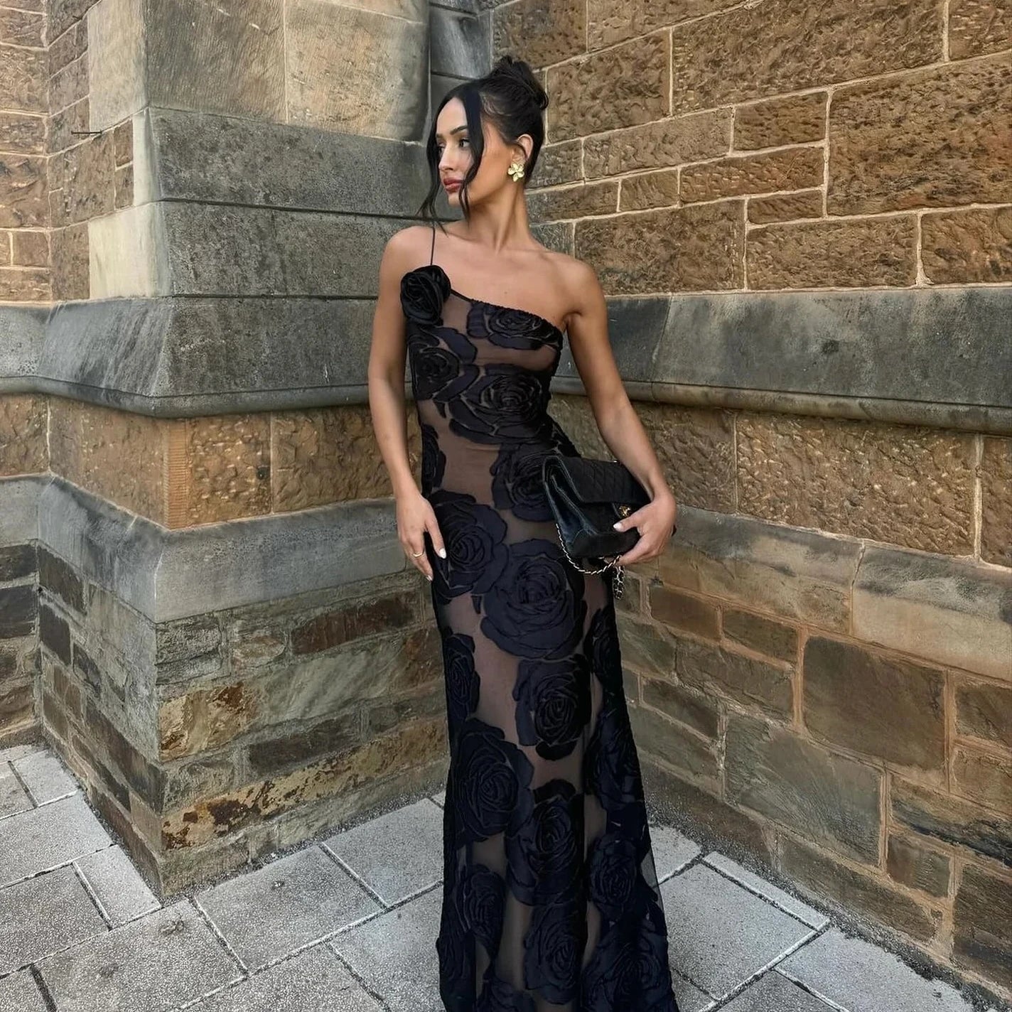 ONE SHOULDER BLACK ROSES MAXI DRESS