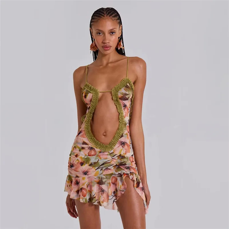 HOLLOW OUT PRINT MINI DRESS