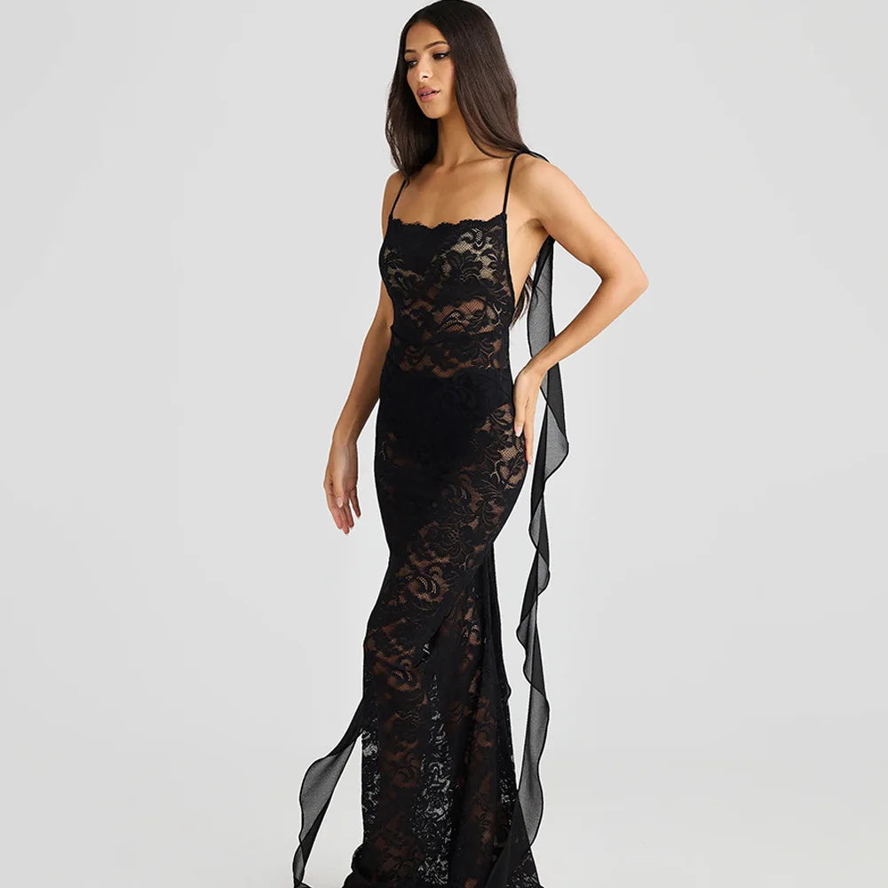 LACE BACKLESS TRAILING MAXI DRESS