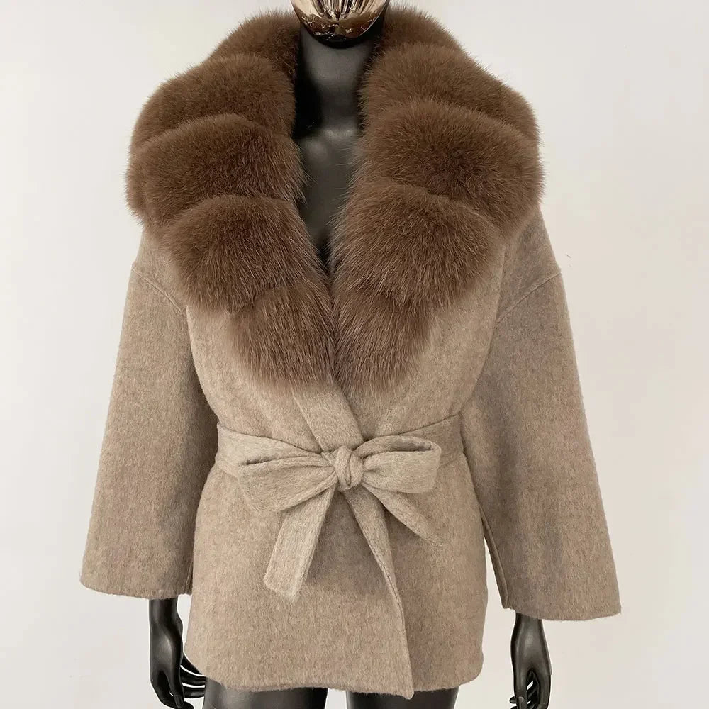 Wool Blend Coat with Fox Fur Collar – Women’s Luxury Winter Coat