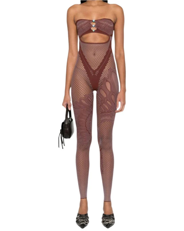Leopard Jumpsuits for Women Hollow Out Off Shoulder Sleeveless Chic Rompers 2025 New Female Fashion See Through Bodysuits