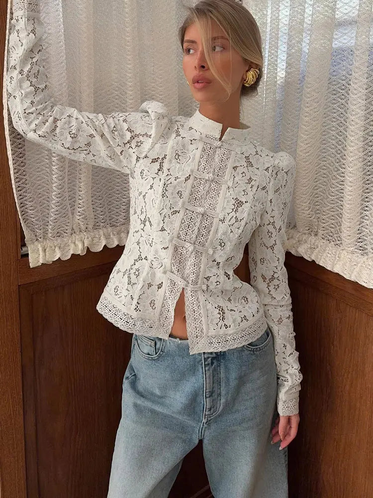 sheer blouse black white, romantic lace shirt, mesh long sleeve blouse, victorian style top, elegant see-through blouse