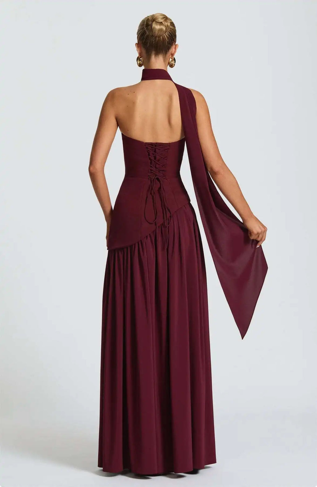 Strapless Pleated Maxi Dress with Scarf Detail and High Slit for Women