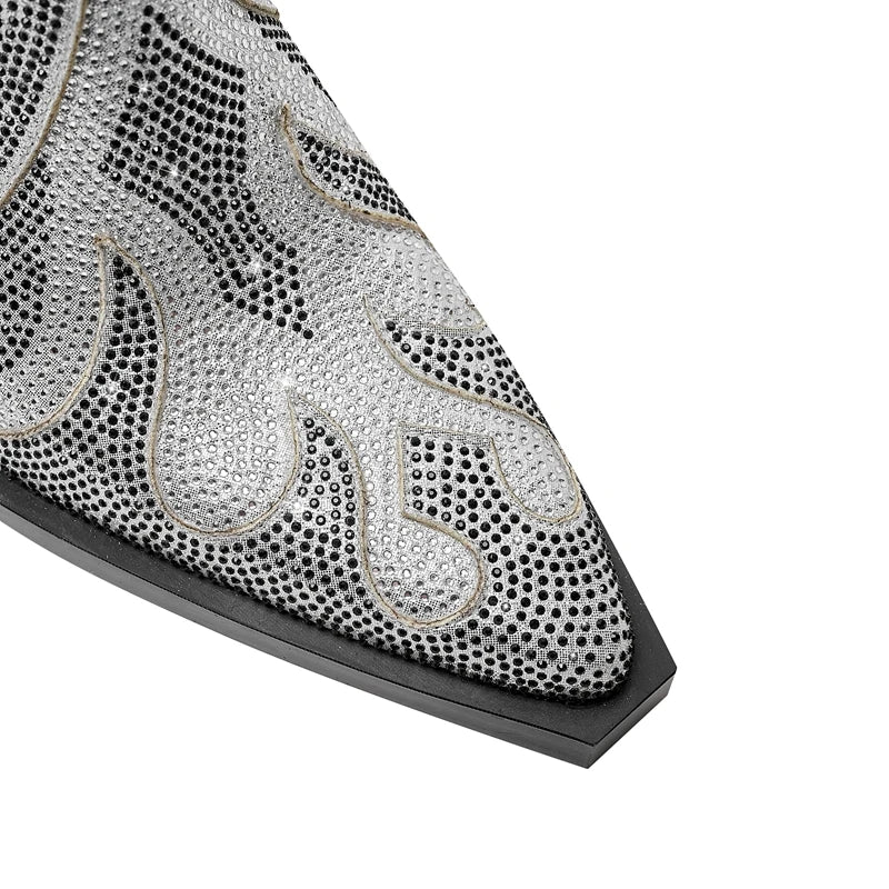 FLAME SHAPE SHORT BOOTS THICK HEEL decorated with CRYSTALS