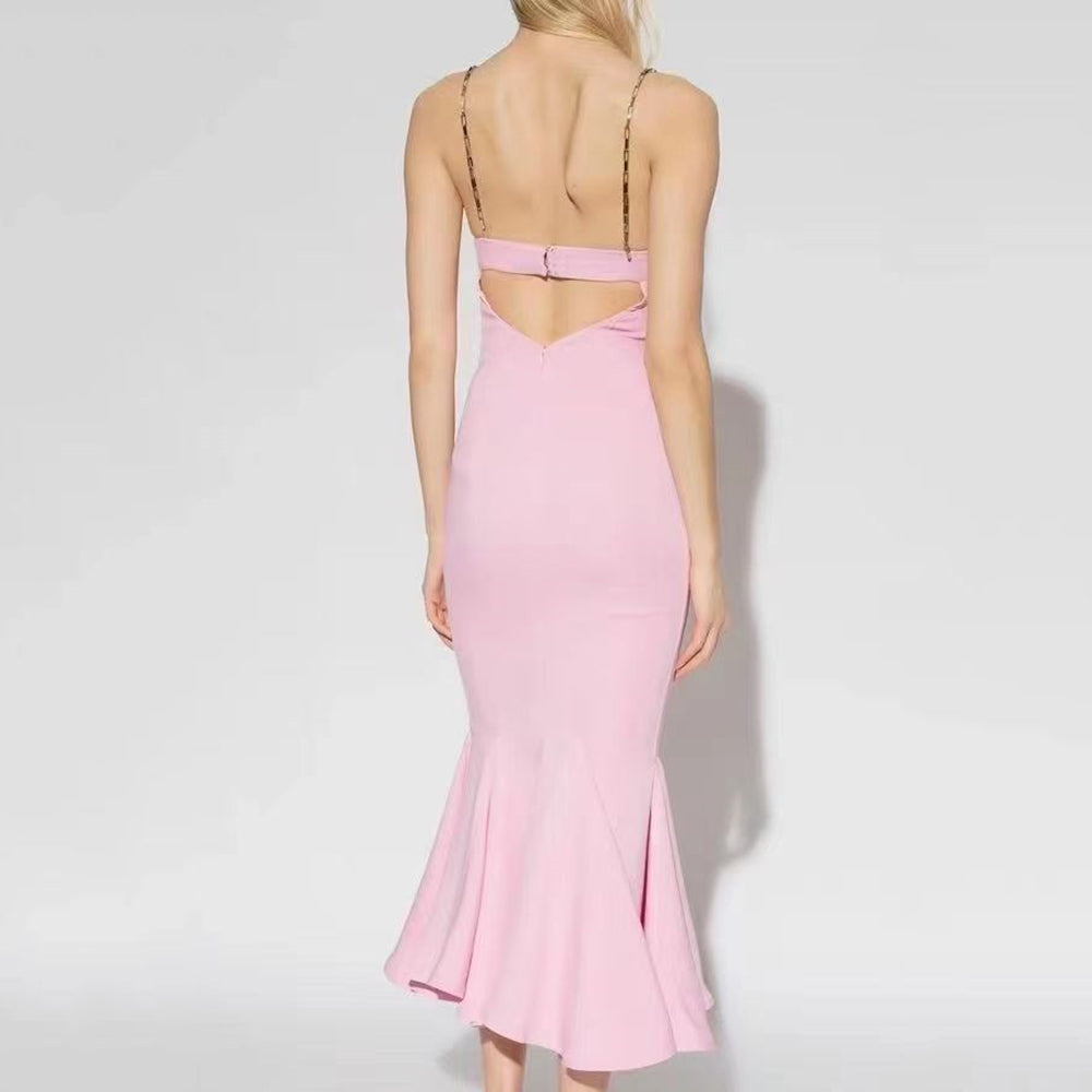 ARI PINK FRILLED BOTTOM BODYCON MIDI DRESS