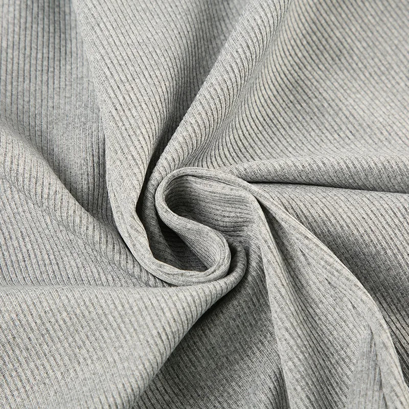 Sexy Gray Ribbed Knit Long Sleeve V-Neck Romper for Women | Slim Fit Lounge Jumpsuit