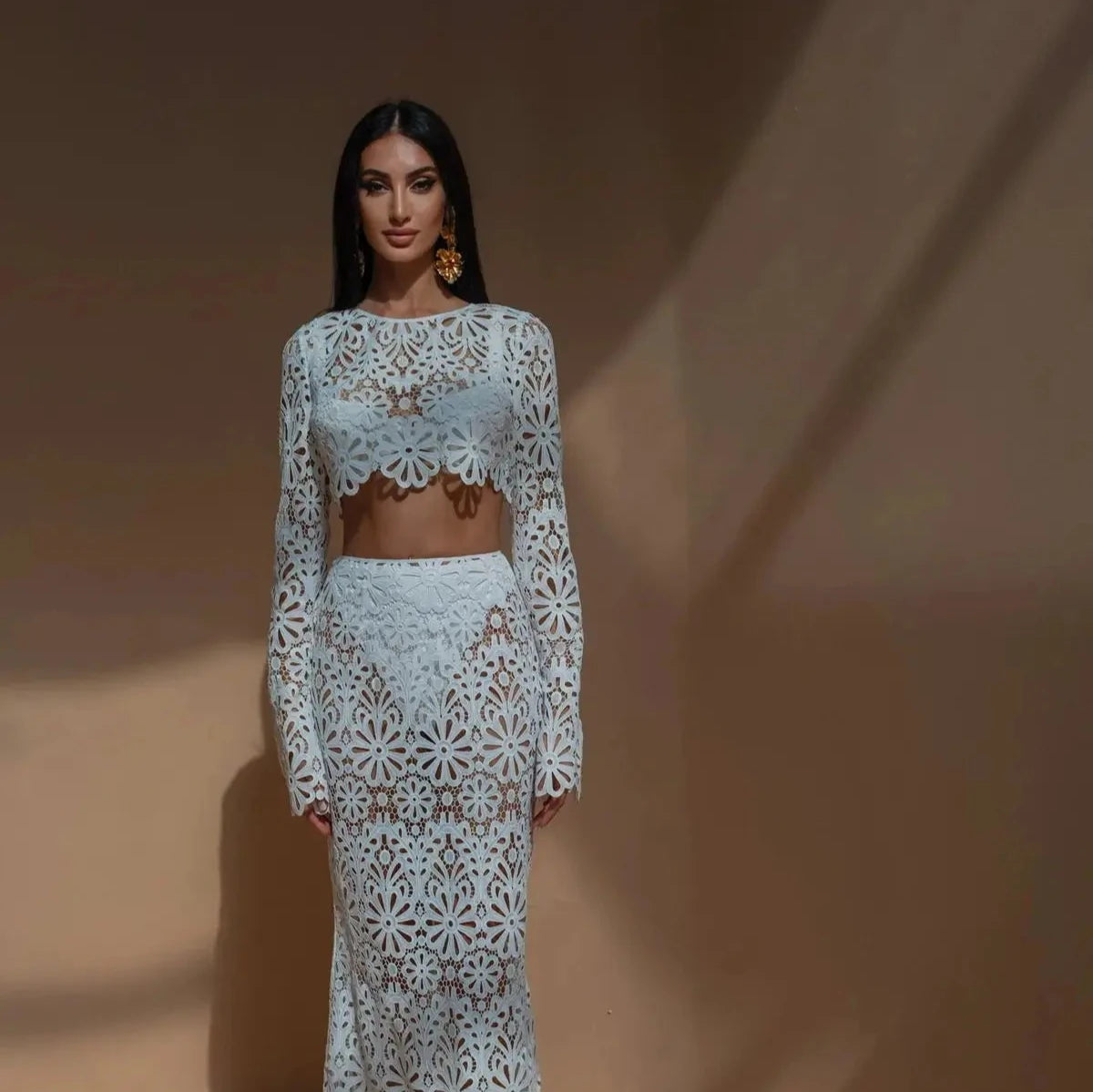 EMBROIDERY HOLLOW OUT BEACH TOP and SKIRT SET