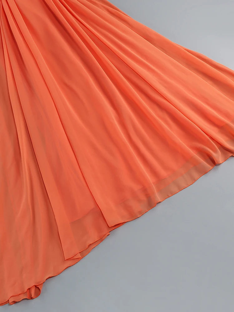 Coral Halter Maxi Dress – Backless V Neck Ruffle Evening Gown